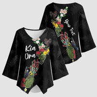 Kia Ora New Zealand Floral Personalized Kimono Sleeve Blouse Black LT7 - Polynesian Pride