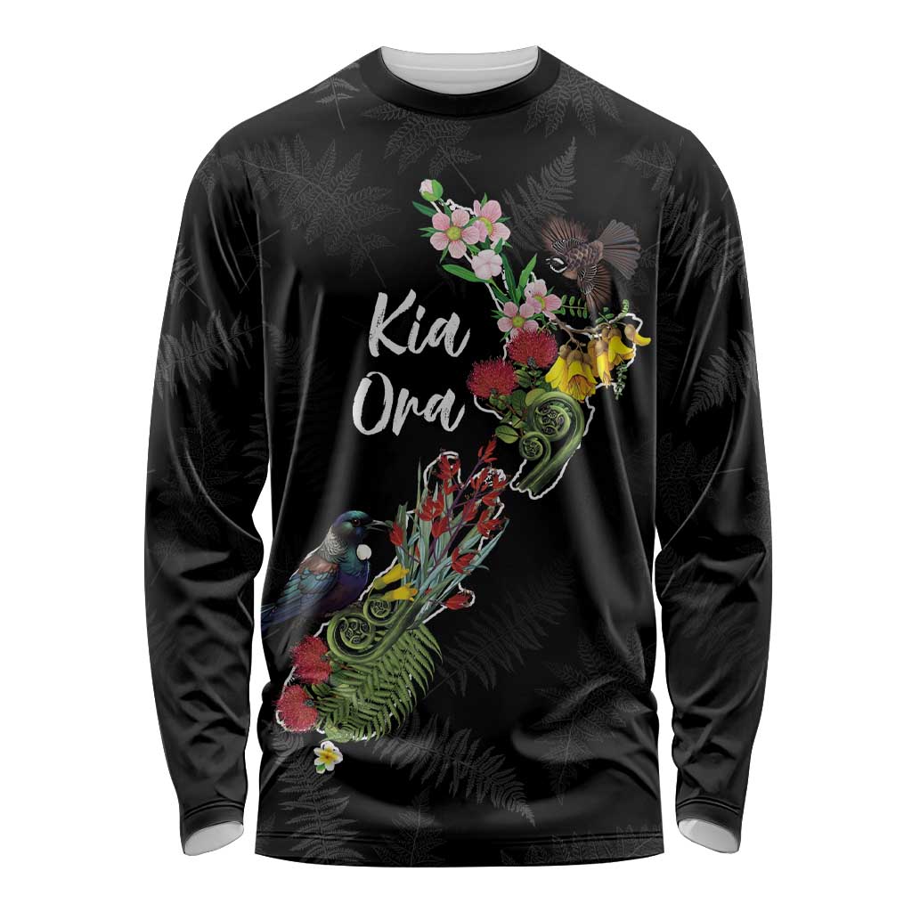 Kia Ora New Zealand Floral Personalized Long Sleeve Shirt Black LT7 Unisex Black - Polynesian Pride