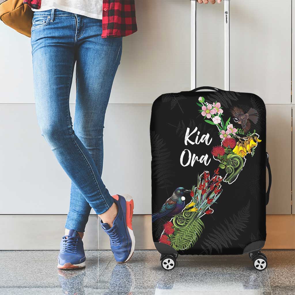 Kia Ora New Zealand Floral Luggage Cover Black LT7 - Polynesian Pride