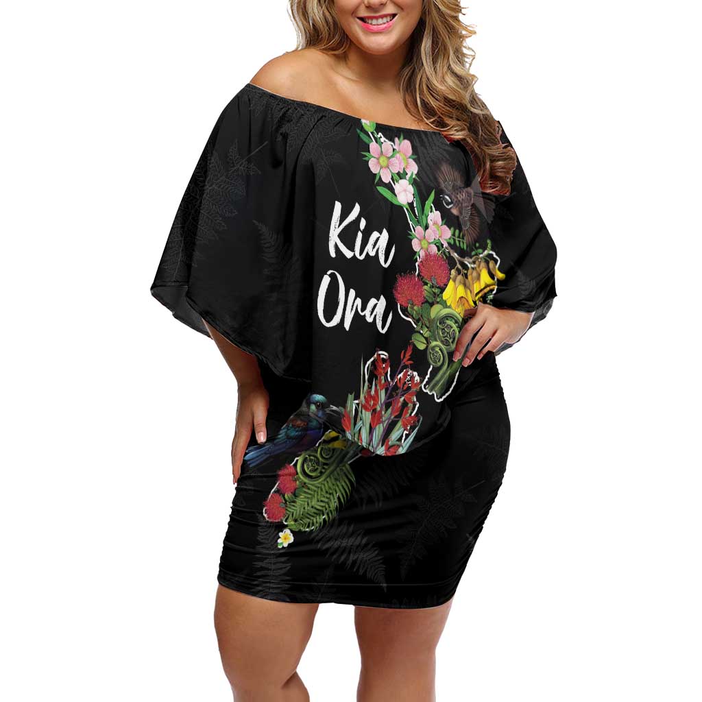 Kia Ora New Zealand Floral Personalized Off Shoulder Short Dress Black LT7 Women Black - Polynesian Pride