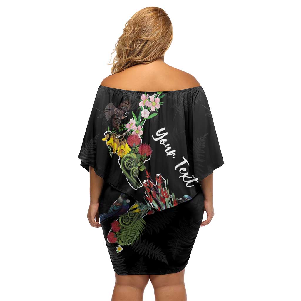 Kia Ora New Zealand Floral Personalized Off Shoulder Short Dress Black LT7 - Polynesian Pride