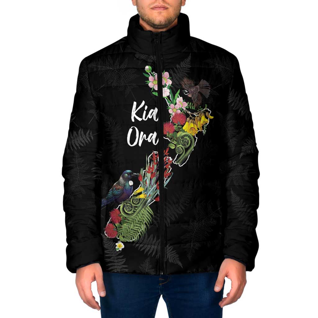 Kia Ora New Zealand Floral Personalized Padded Jacket Black LT7 Men Black - Polynesian Pride
