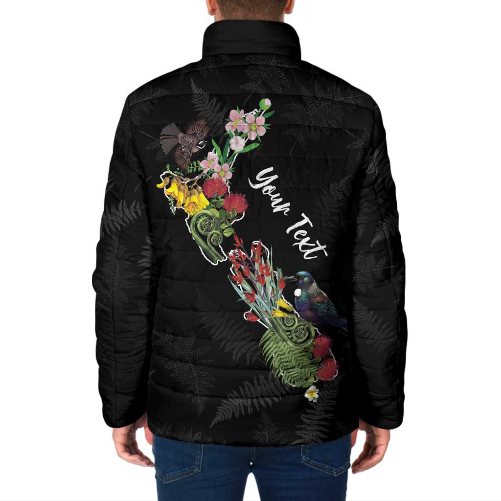 Kia Ora New Zealand Floral Personalized Padded Jacket Black LT7 - Polynesian Pride