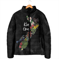 Kia Ora New Zealand Floral Personalized Padded Jacket Black LT7 - Polynesian Pride