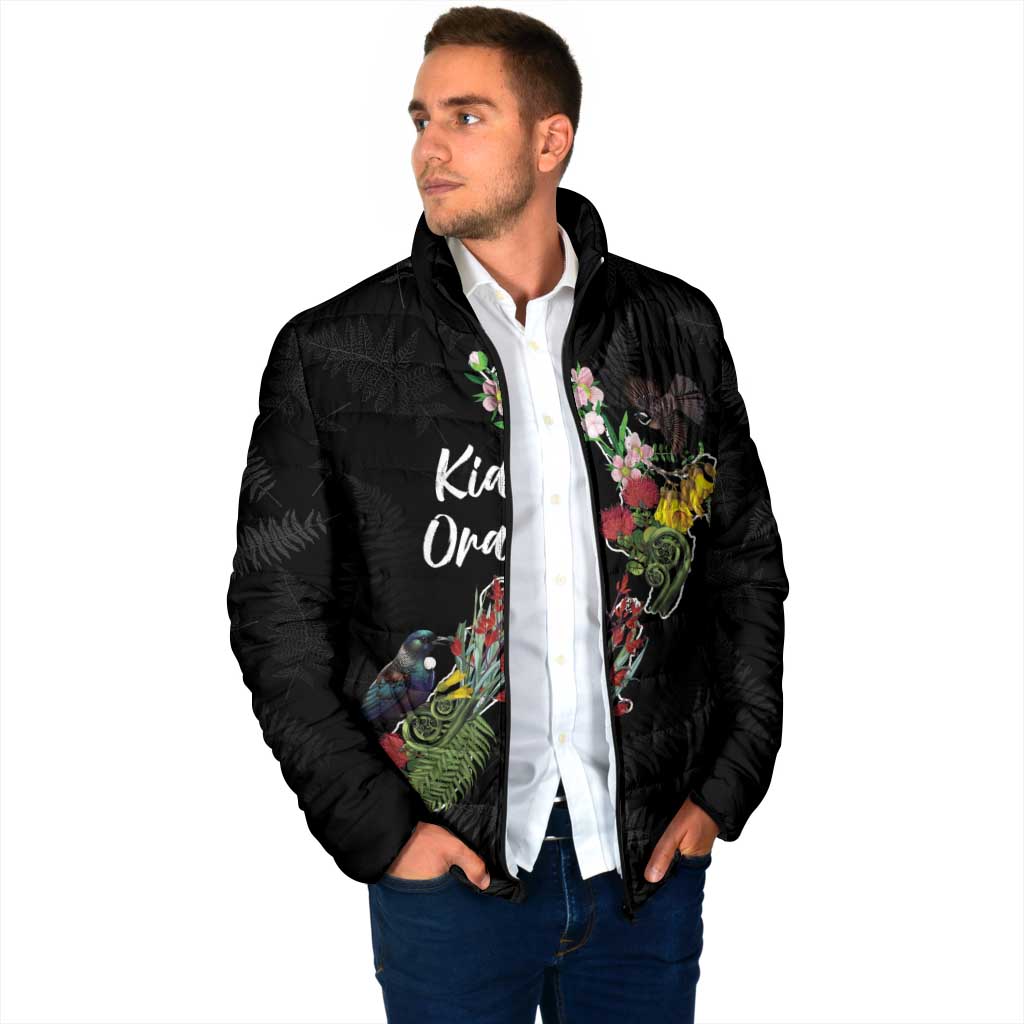Kia Ora New Zealand Floral Personalized Padded Jacket Black LT7 - Polynesian Pride