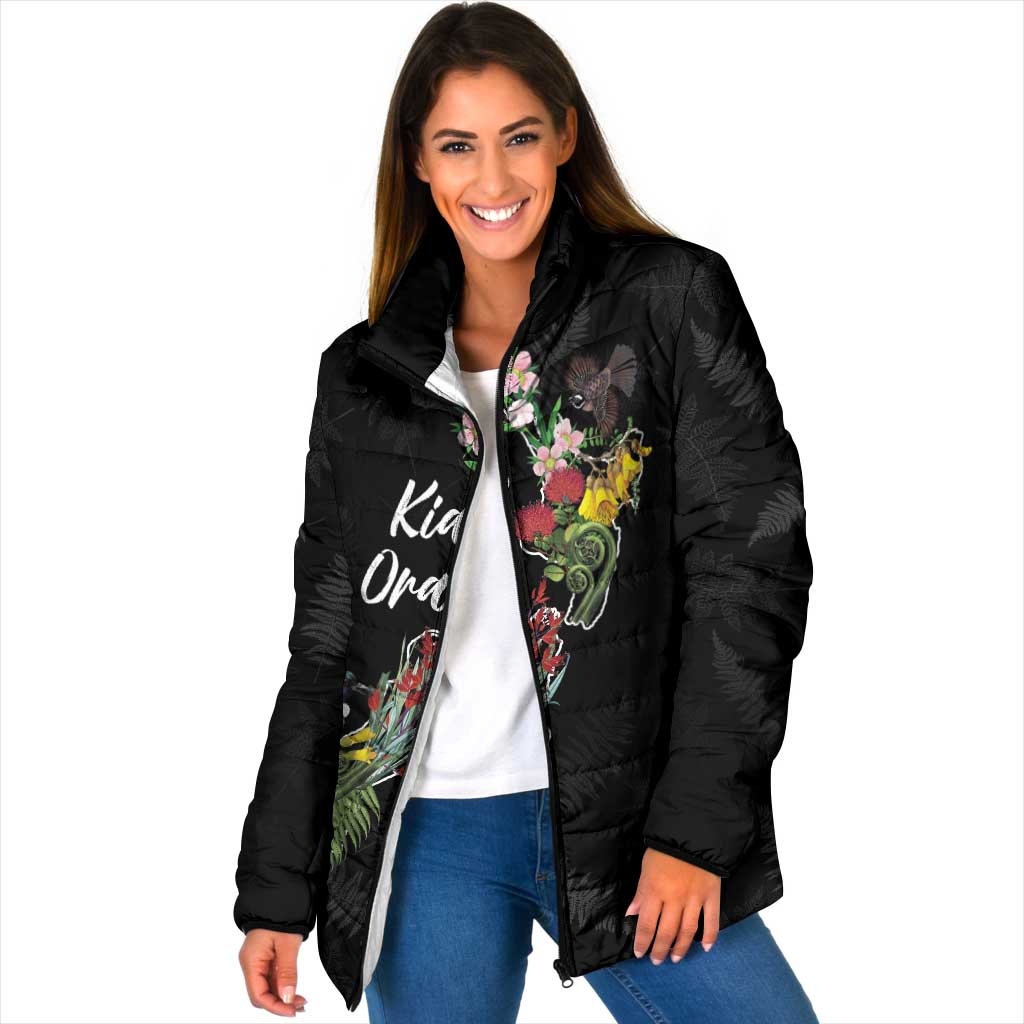 Kia Ora New Zealand Floral Personalized Padded Jacket Black LT7 Women Black - Polynesian Pride