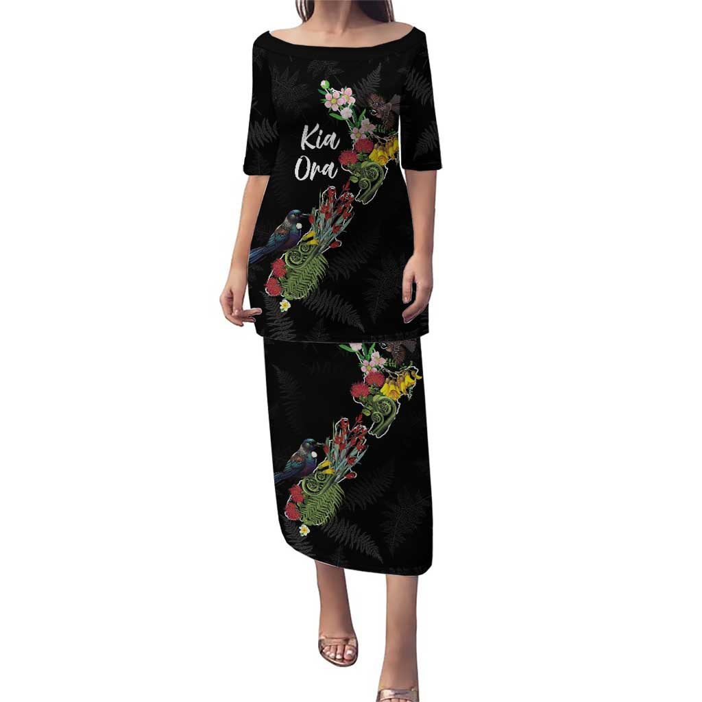 Kia Ora New Zealand Floral Personalized Puletasi Black LT7 Long Dress Black - Polynesian Pride