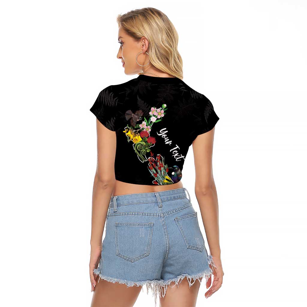 Kia Ora New Zealand Floral Personalized Raglan Cropped T Shirt Black LT7 - Polynesian Pride