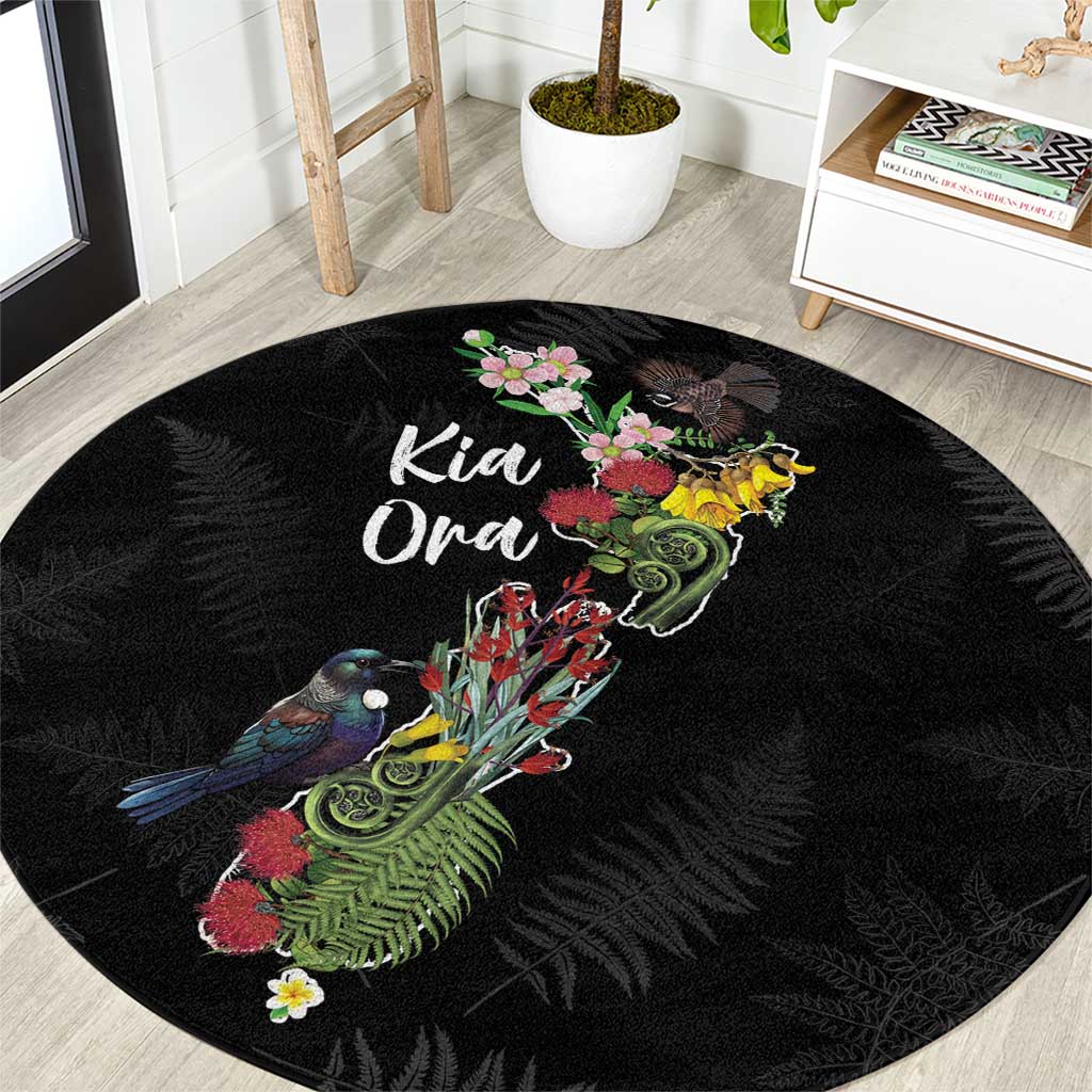 Kia Ora New Zealand Floral Round Carpet Black LT7 Black - Polynesian Pride