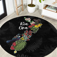 Kia Ora New Zealand Floral Round Carpet Black LT7 Black - Polynesian Pride