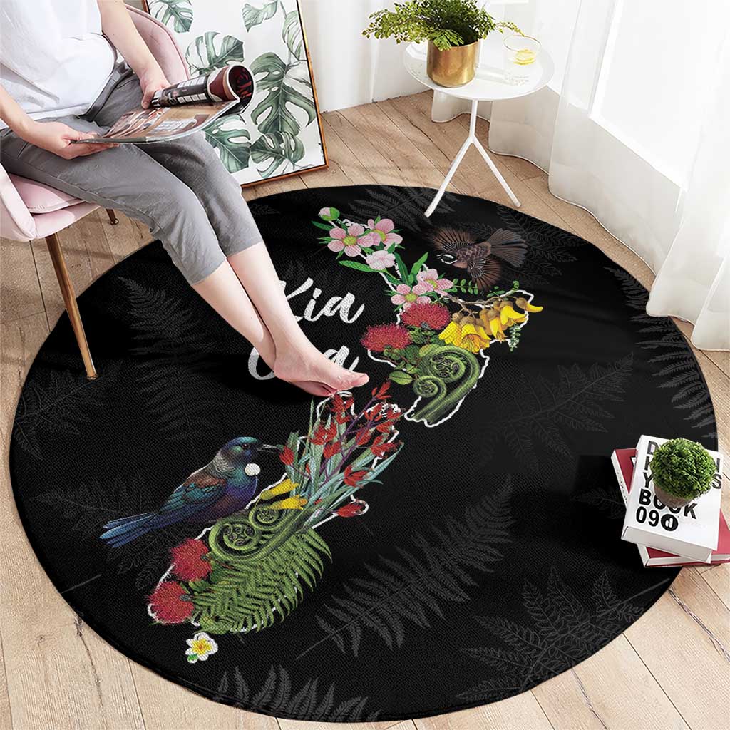 Kia Ora New Zealand Floral Round Carpet Black LT7 - Polynesian Pride
