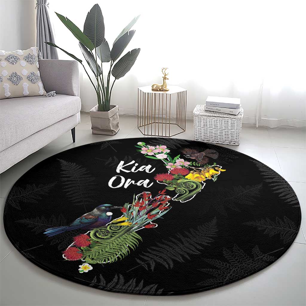 Kia Ora New Zealand Floral Round Carpet Black LT7 - Polynesian Pride