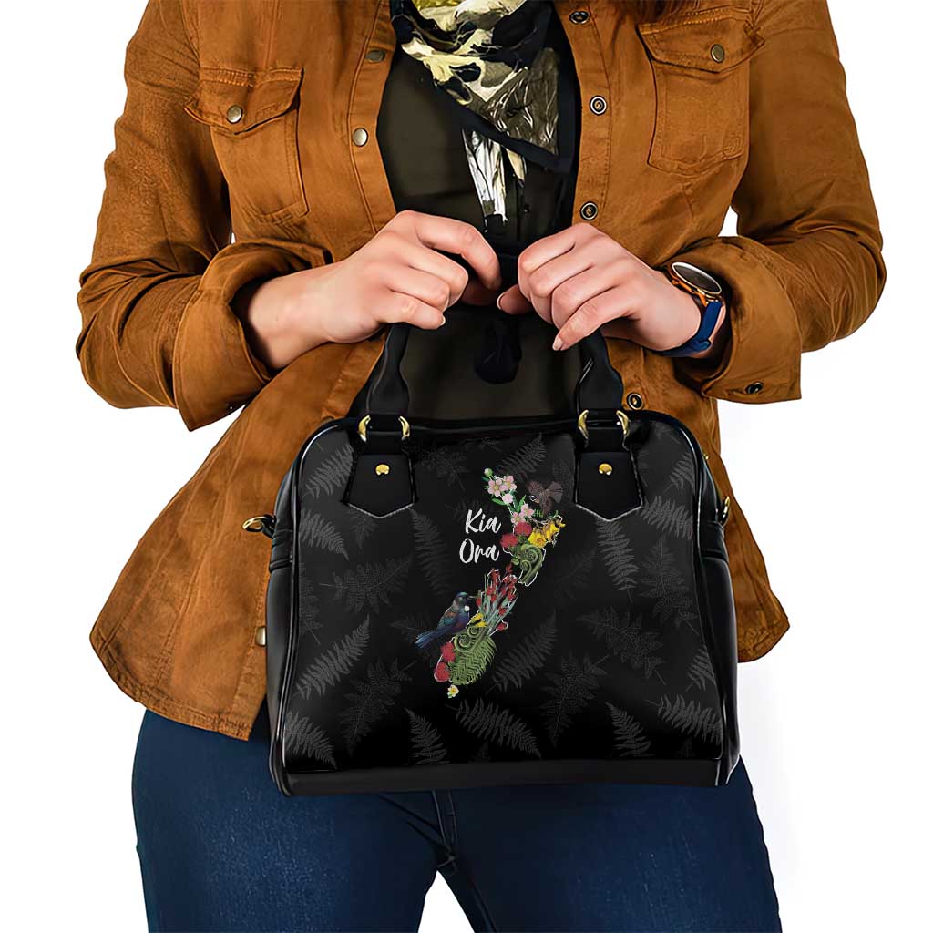 Kia Ora New Zealand Floral Shoulder Handbag Black LT7 - Polynesian Pride