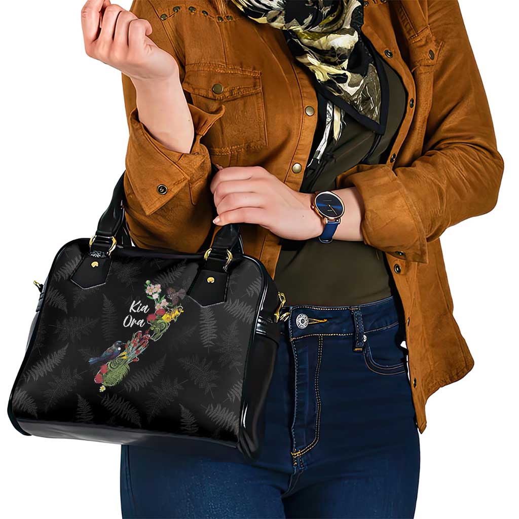 Kia Ora New Zealand Floral Shoulder Handbag Black LT7 - Polynesian Pride
