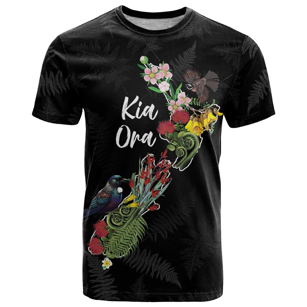 Kia Ora New Zealand Floral Personalized T Shirt Black LT7 Black - Polynesian Pride
