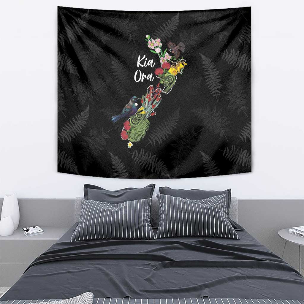 Kia Ora New Zealand Floral Tapestry Black LT7 - Polynesian Pride