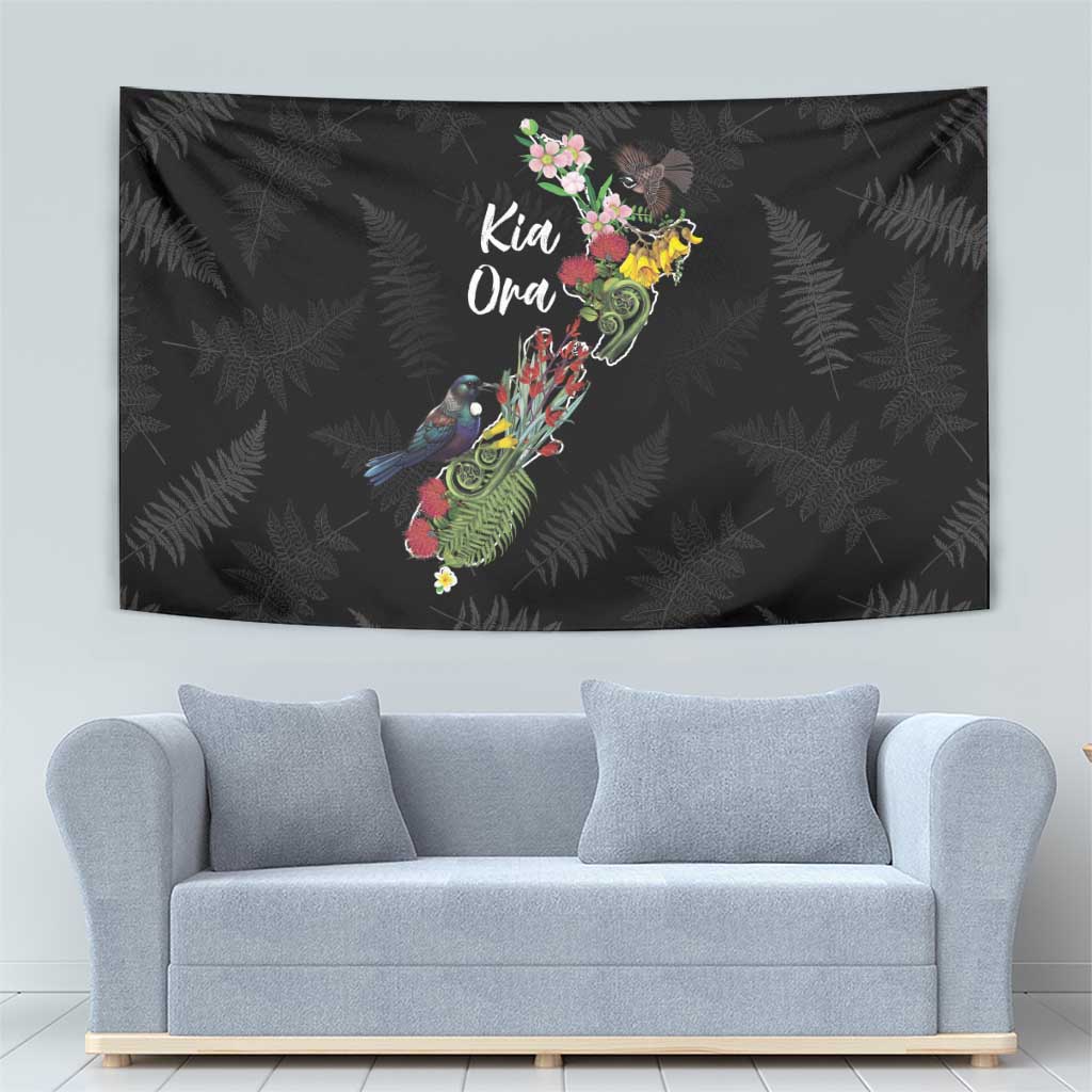 Kia Ora New Zealand Floral Tapestry Black LT7 - Polynesian Pride