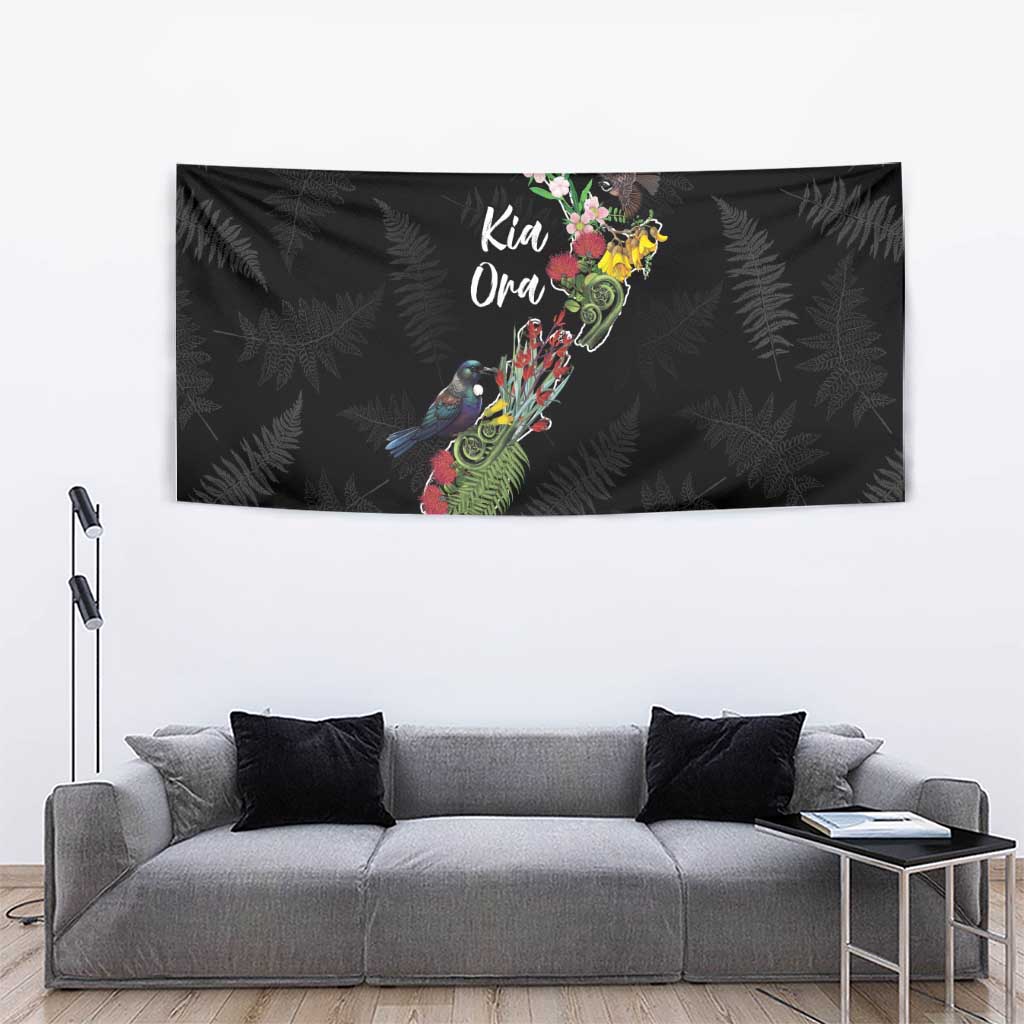 Kia Ora New Zealand Floral Tapestry Black LT7 - Polynesian Pride
