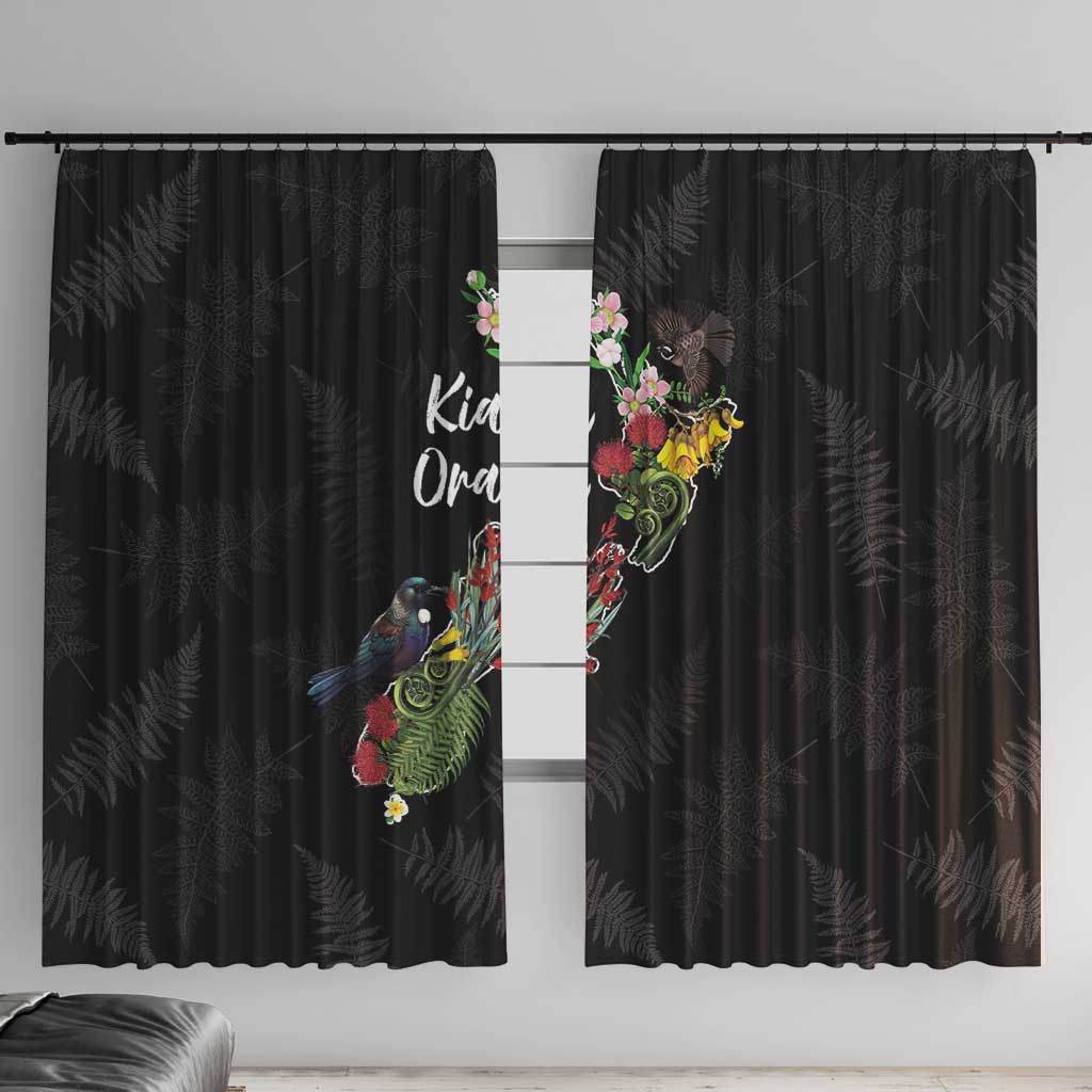 Kia Ora New Zealand Floral Window Curtain Black LT7 With Hooks Black - Polynesian Pride