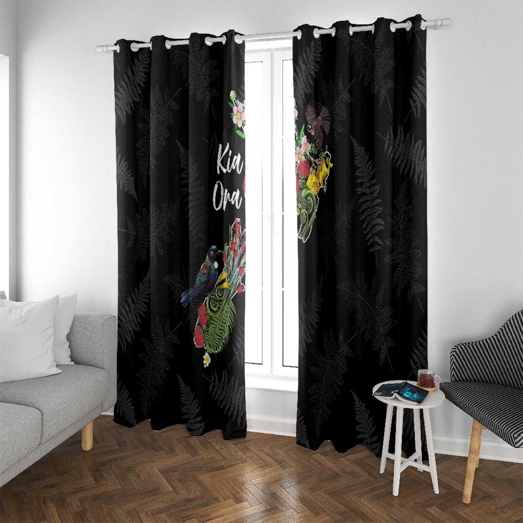 Kia Ora New Zealand Floral Window Curtain Black LT7 With Grommets Black - Polynesian Pride
