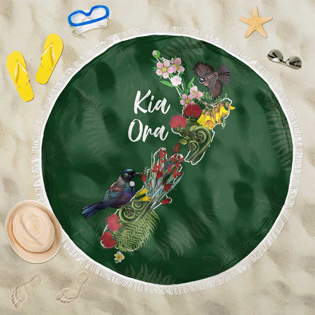 Kia Ora New Zealand Floral Beach Blanket Sage Green LT7 One Size 150cm Sage Green - Polynesian Pride