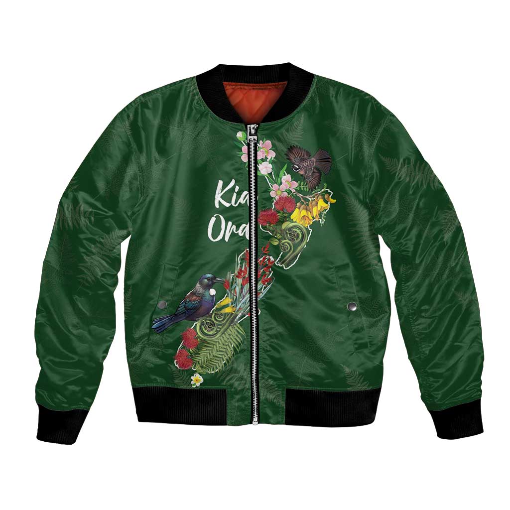 Kia Ora New Zealand Floral Personalized Bomber Jacket Sage Green LT7 Unisex Sage Green - Polynesian Pride