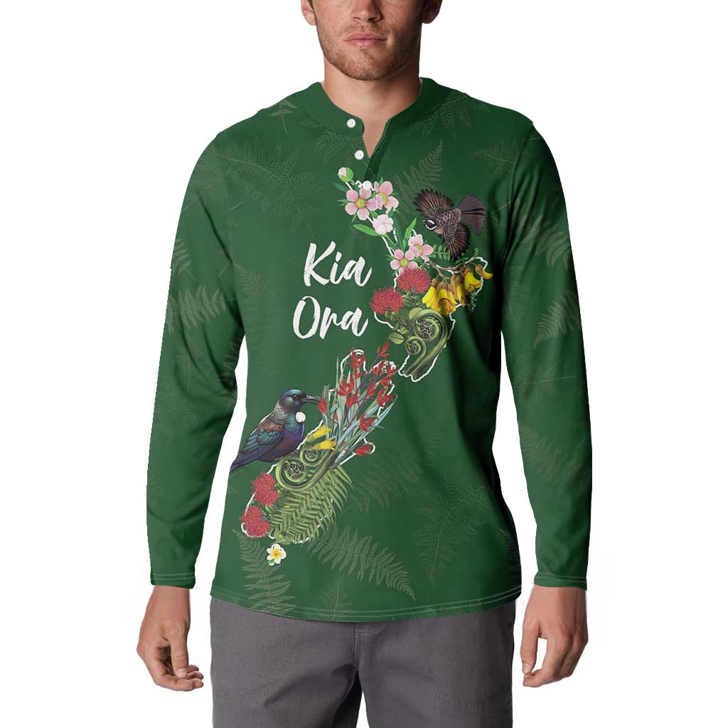 Kia Ora New Zealand Floral Personalized Button Sweatshirt Sage Green LT7 - Polynesian Pride