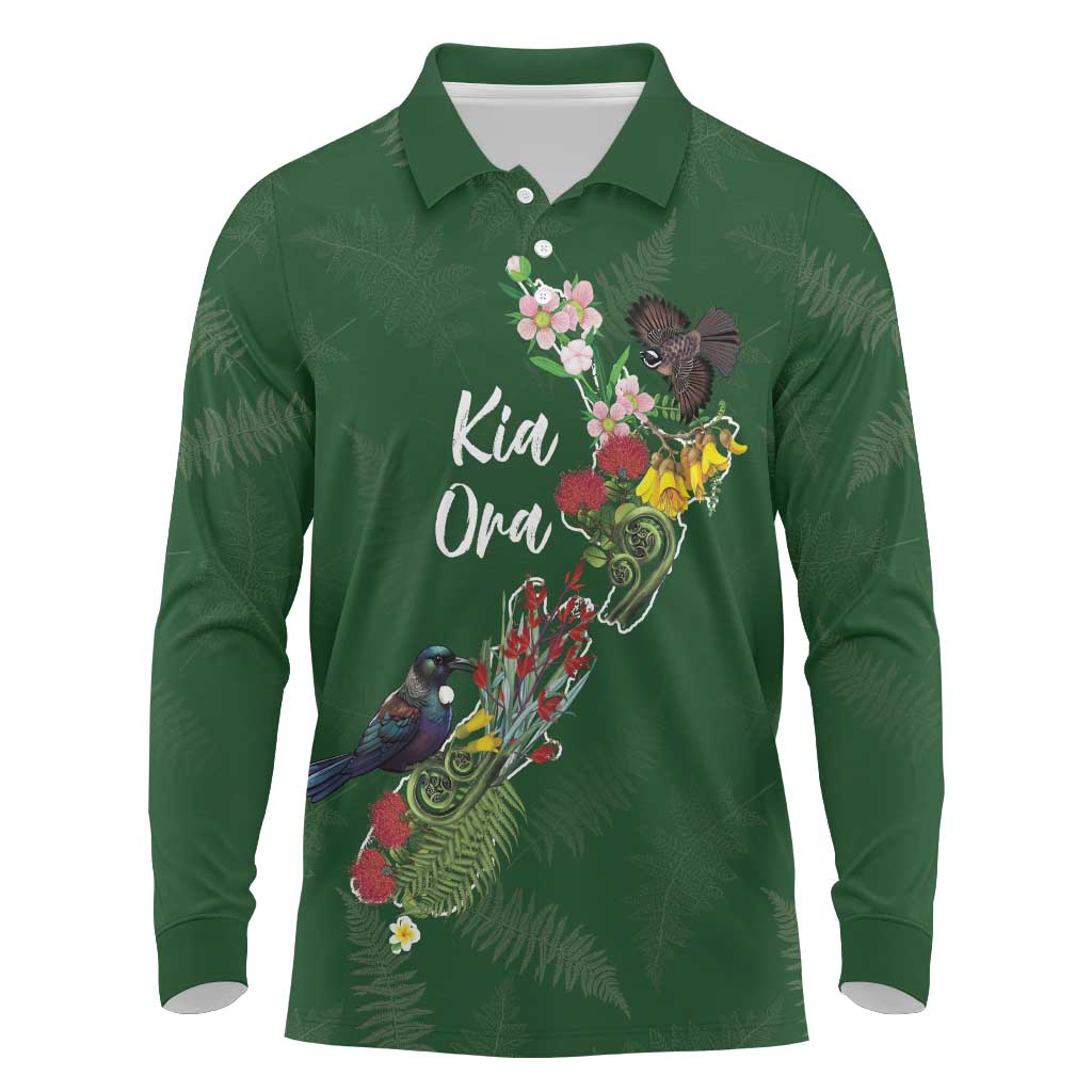 Kia Ora New Zealand Floral Personalized Long Sleeve Polo Shirt Sage Green LT7 Sage Green - Polynesian Pride