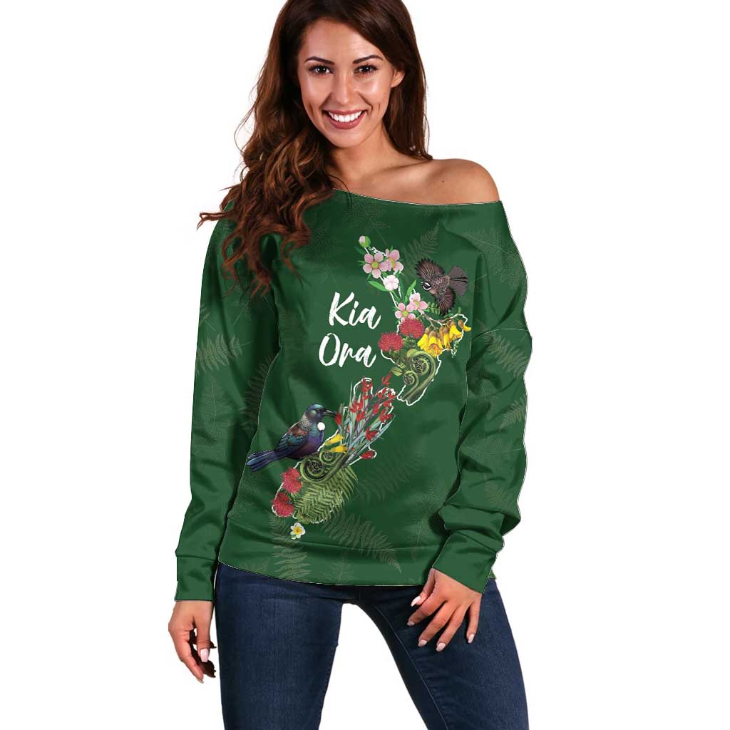 Kia Ora New Zealand Floral Personalized Off Shoulder Sweater Sage Green LT7 Women Sage Green - Polynesian Pride