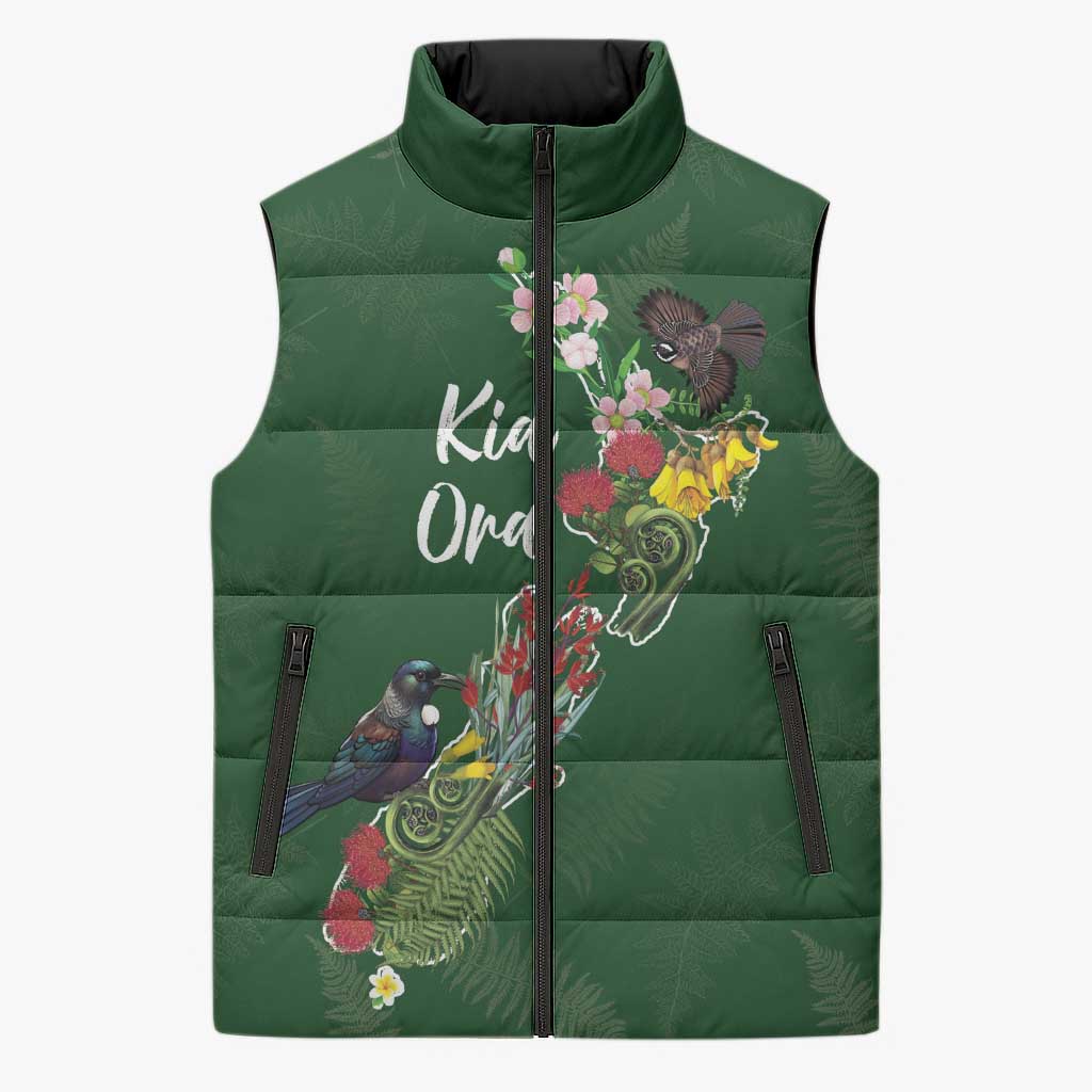 Kia Ora New Zealand Floral Personalized Sleeveless Puffer Jacket Sage Green LT7 Unisex Sage Green - Polynesian Pride