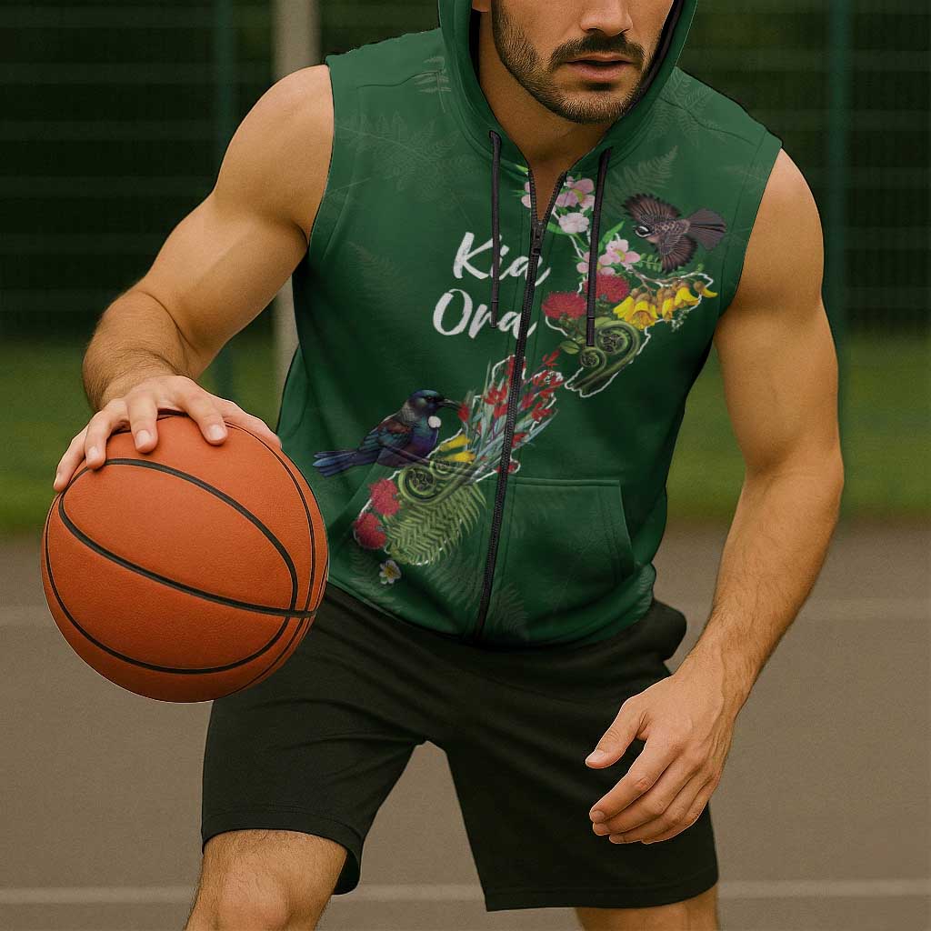 Kia Ora New Zealand Floral Personalized Sleeveless Zip Hoodie Sage Green LT7 - Polynesian Pride