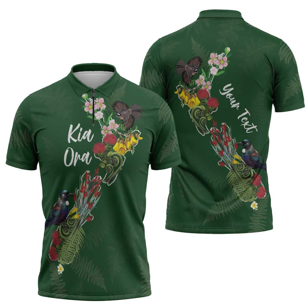 Kia Ora New Zealand Floral Personalized Zipper Polo Shirt Sage Green LT7 - Polynesian Pride