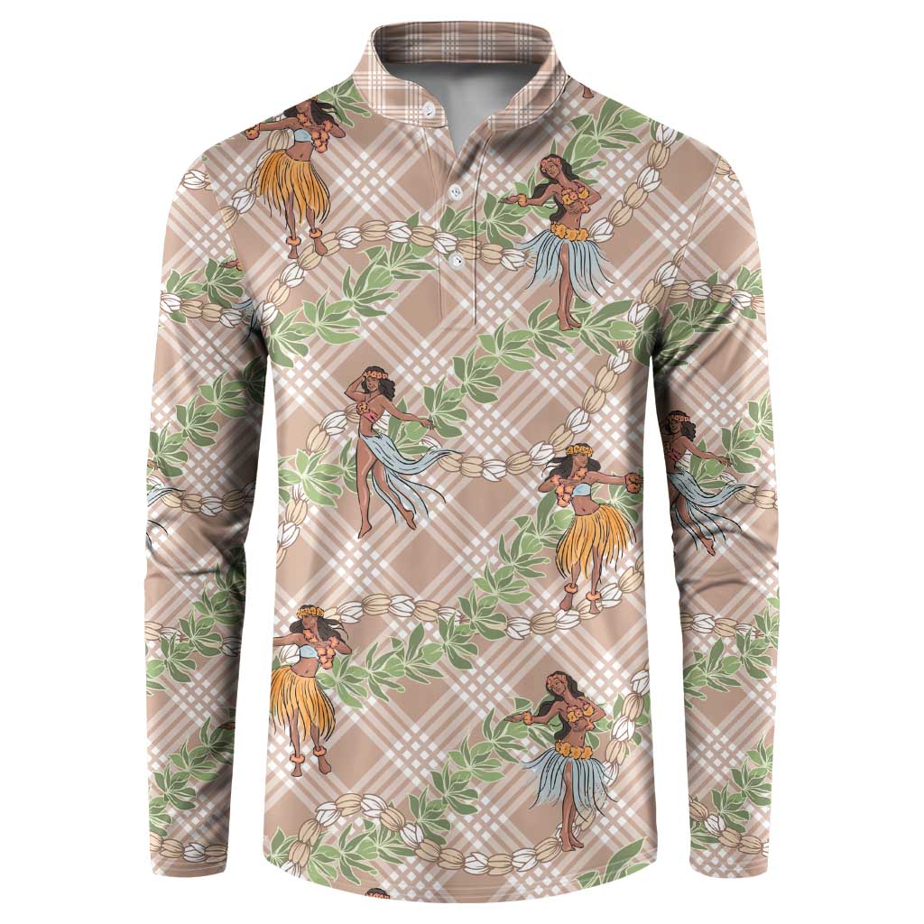 Beige Palaka Hula Girls Seamless Hawaii Aloha Button Sweatshirt LT7 Beige - Polynesian Pride