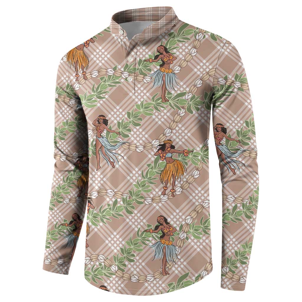 Beige Palaka Hula Girls Seamless Hawaii Aloha Button Sweatshirt LT7 - Polynesian Pride