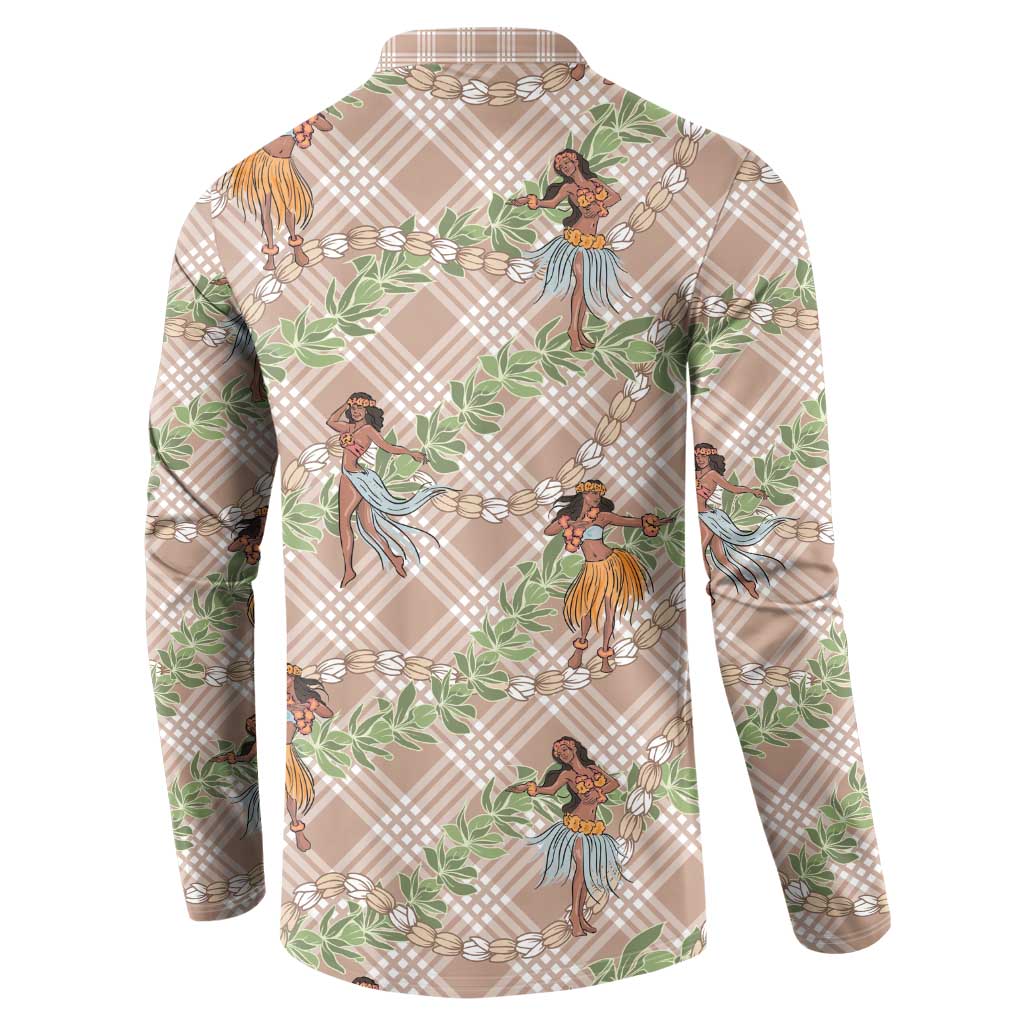 Beige Palaka Hula Girls Seamless Hawaii Aloha Button Sweatshirt LT7 - Polynesian Pride