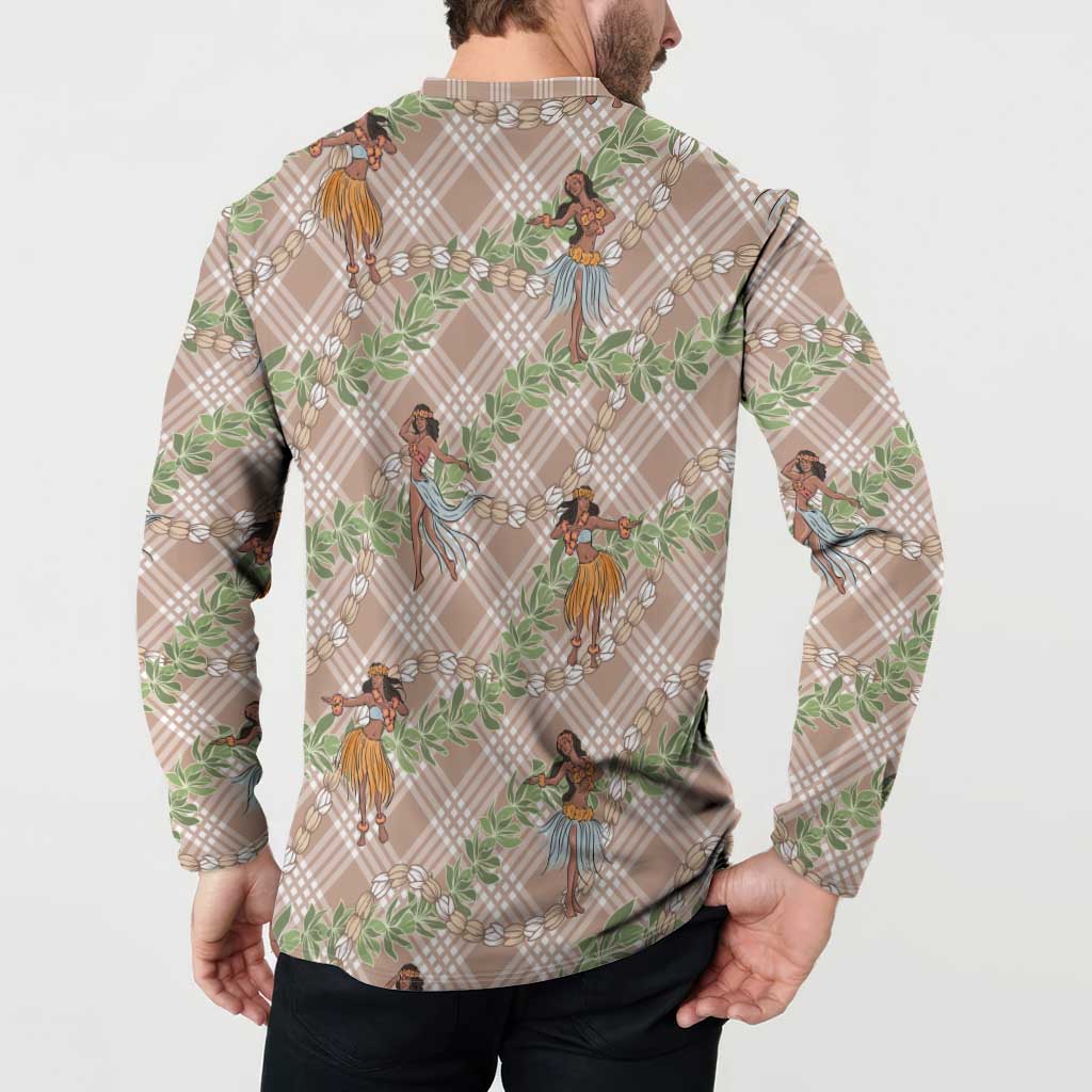 Beige Palaka Hula Girls Seamless Hawaii Aloha Button Sweatshirt LT7 - Polynesian Pride