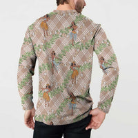 Beige Palaka Hula Girls Seamless Hawaii Aloha Button Sweatshirt LT7 - Polynesian Pride