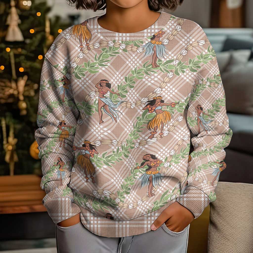 Beige Palaka Hula Girls Seamless Hawaii Aloha Kid Ugly Christmas Sweater LT7 - Polynesian Pride