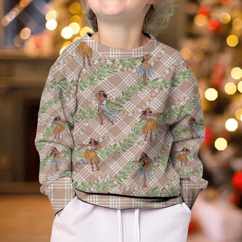 Beige Palaka Hula Girls Seamless Hawaii Aloha Kid Ugly Christmas Sweater LT7 - Polynesian Pride