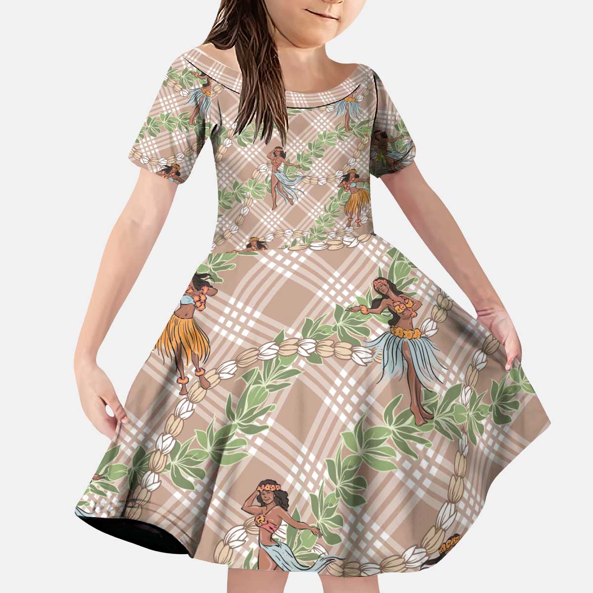 Beige Palaka Hula Girls Seamless Hawaii Aloha Kid Short Sleeve Dress LT7 KID Beige - Polynesian Pride