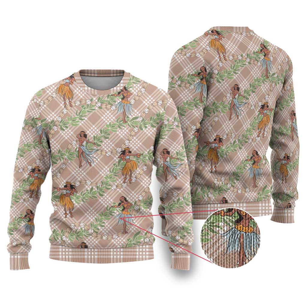 Beige Palaka Hula Girls Seamless Hawaii Aloha Ugly Christmas Sweater LT7 Beige - Polynesian Pride