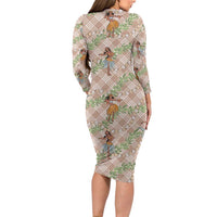 Beige Palaka Hula Girls Seamless Hawaii Aloha Long Sleeve Bodycon Dress LT7 - Polynesian Pride