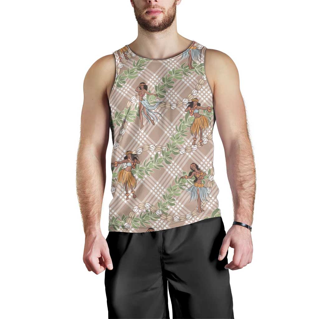 Beige Palaka Hula Girls Seamless Hawaii Aloha Men Tank Top LT7 - Polynesian Pride