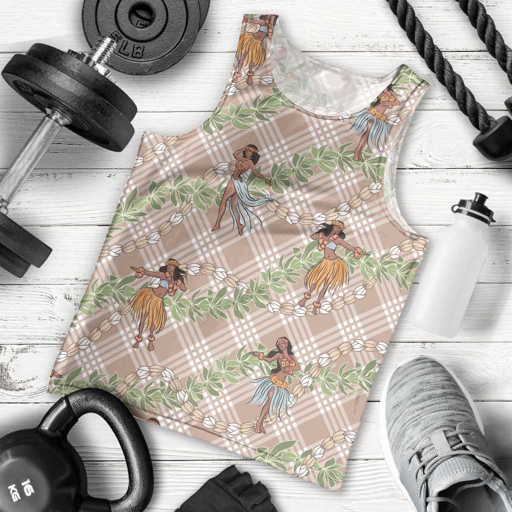 Beige Palaka Hula Girls Seamless Hawaii Aloha Men Tank Top LT7 - Polynesian Pride