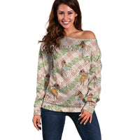 Beige Palaka Hula Girls Seamless Hawaii Aloha Off Shoulder Sweater LT7 Women Beige - Polynesian Pride