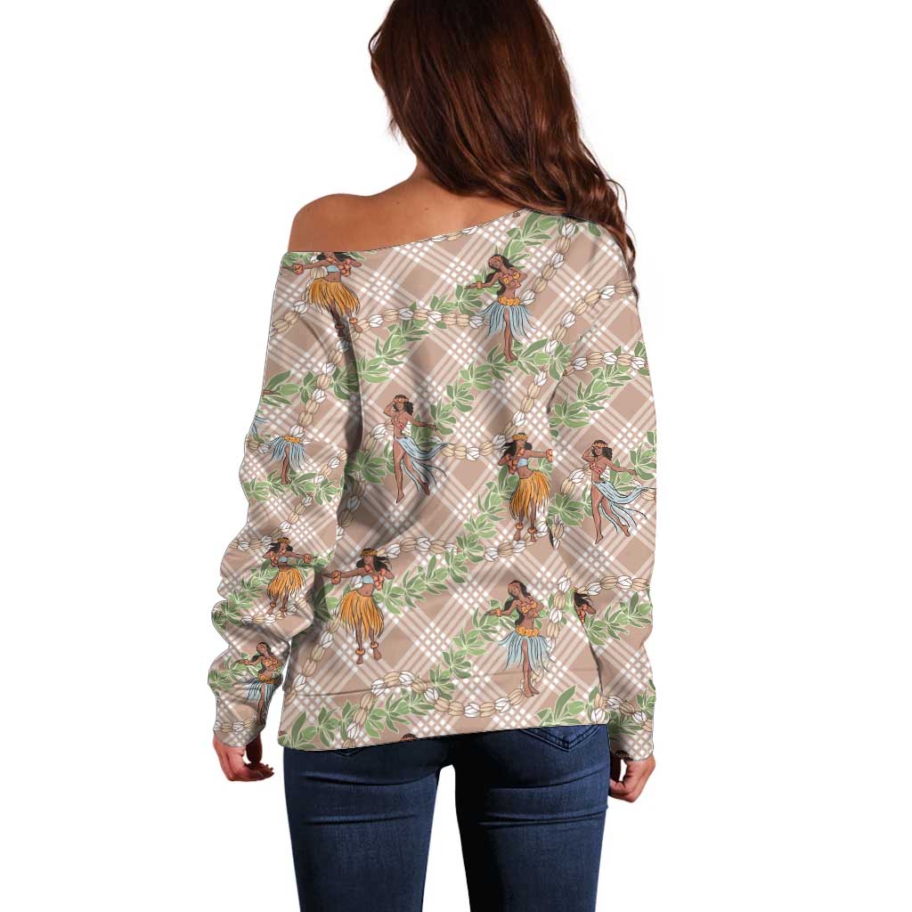Beige Palaka Hula Girls Seamless Hawaii Aloha Off Shoulder Sweater LT7 - Polynesian Pride