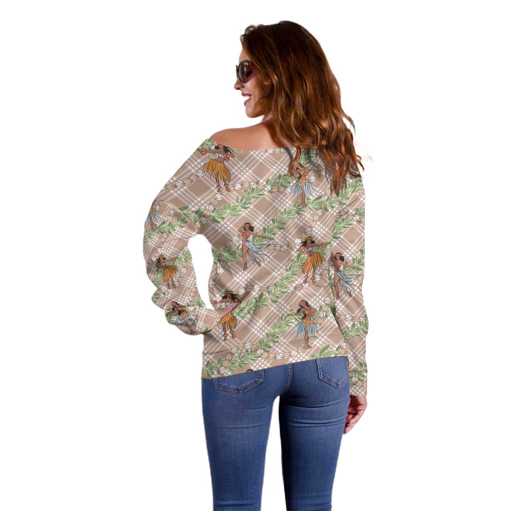 Beige Palaka Hula Girls Seamless Hawaii Aloha Off Shoulder Sweater LT7 - Polynesian Pride