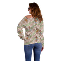 Beige Palaka Hula Girls Seamless Hawaii Aloha Off Shoulder Sweater LT7 - Polynesian Pride