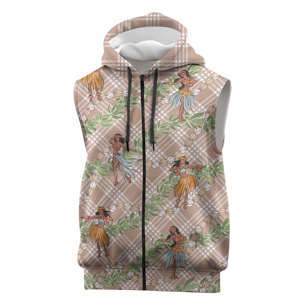 Beige Palaka Hula Girls Seamless Hawaii Aloha Sleeveless Zip Hoodie LT7 Beige - Polynesian Pride
