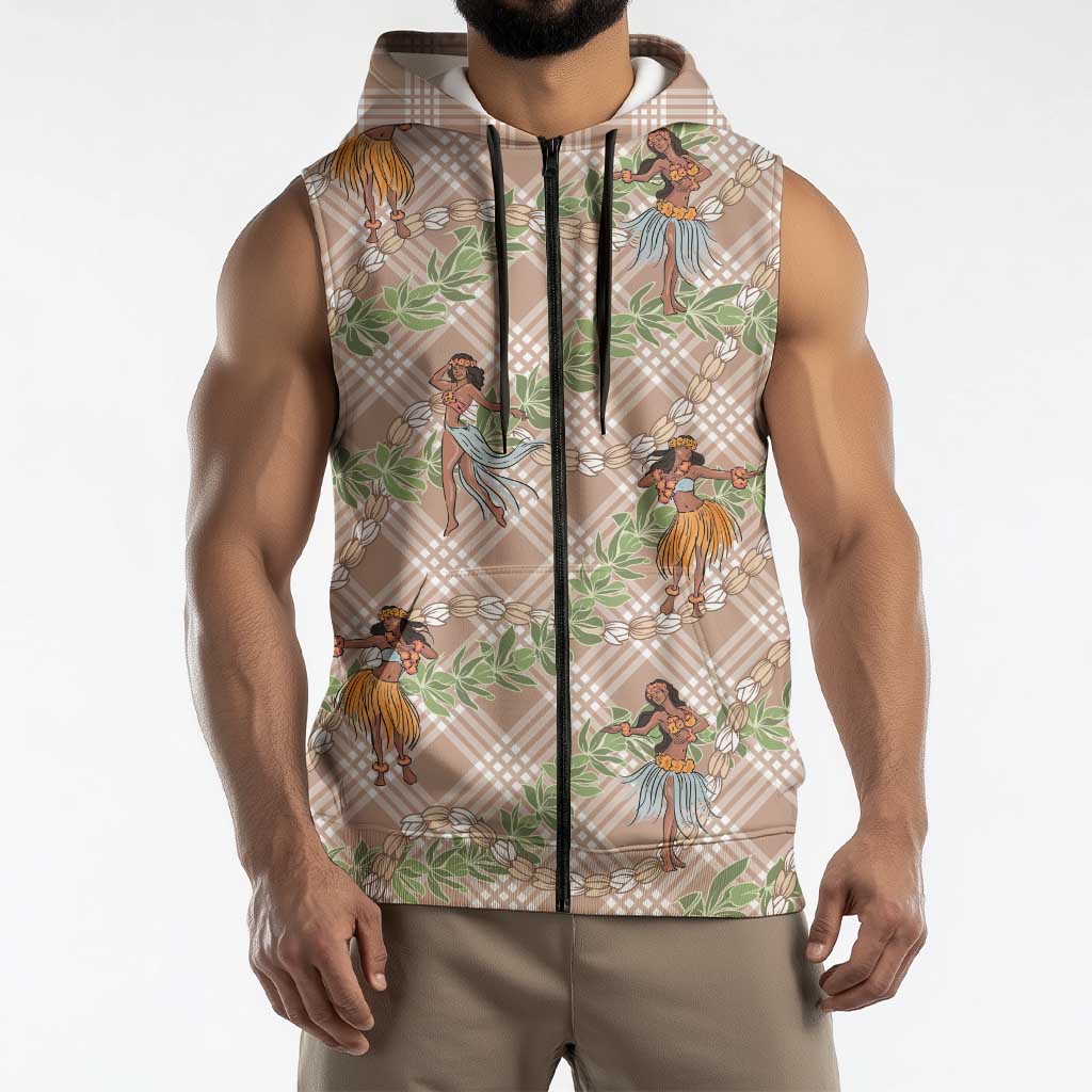Beige Palaka Hula Girls Seamless Hawaii Aloha Sleeveless Zip Hoodie LT7 - Polynesian Pride